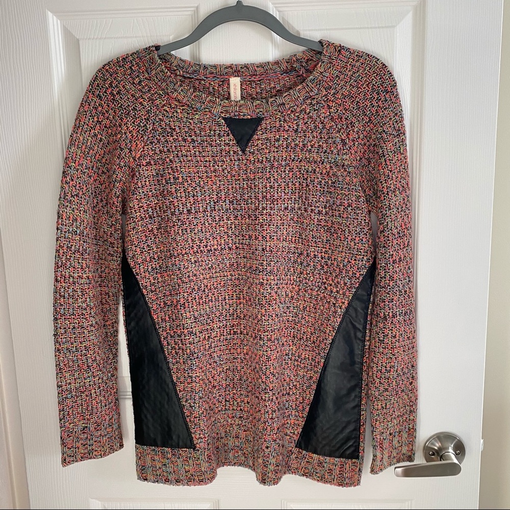 EUC multicolor neon sweater with faux leather panels